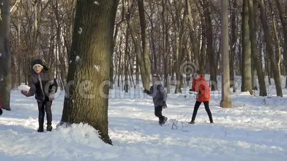 四兄弟在冬季公园玩雪球慢动作视频的预览图