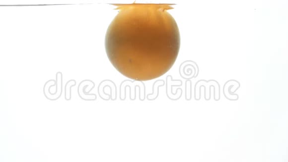 在白色背景下新鲜成熟的葡萄柚在清澈的冷水中下落和飞溅特写慢镜头视频的预览图