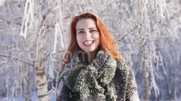 一个年轻的姜女在冬天的森林里对着一棵白雪覆盖的树笑视频的预览图