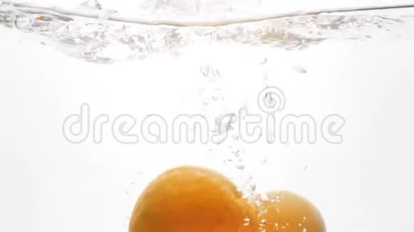 特写4k镜头各种柑橘类水果在白色背景下掉落在水中视频的预览图