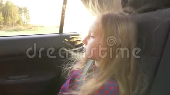 年轻漂亮的女孩在冒险路上旅行车内的风在她的头发相当严肃的白人女孩高速公路视频的预览图