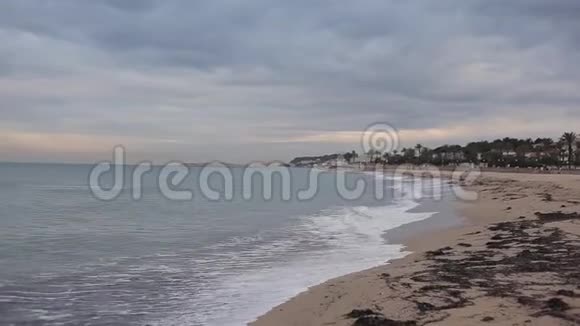 清晨海面上有泡沫的海浪和沙滩上有海藻视频的预览图