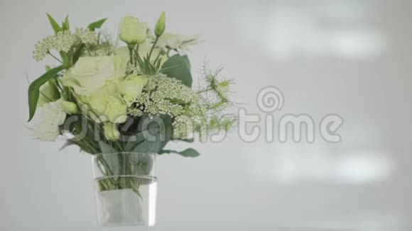 可爱的白色花玻璃花瓶里的大绿叶放在白色的桌子上视频的预览图