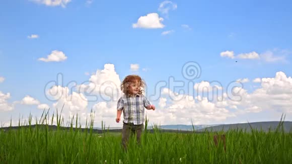 可爱的男孩在绿色草地上跳跃视频的预览图
