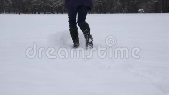 穿着长夹克和高靴的女人穿过冬天的雪4K视频的预览图