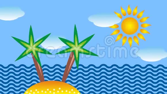 热带海洋棕榈树和太阳象征性卡通视频视频的预览图