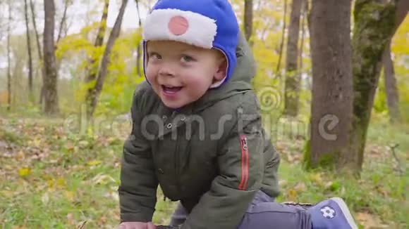 一个男孩的肖像他正在秋天的公园里玩耍微笑着男孩从树干后面往外看视频的预览图