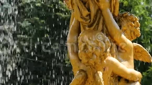 镜头显示天使雕像支撑着树上的喷泉视频的预览图
