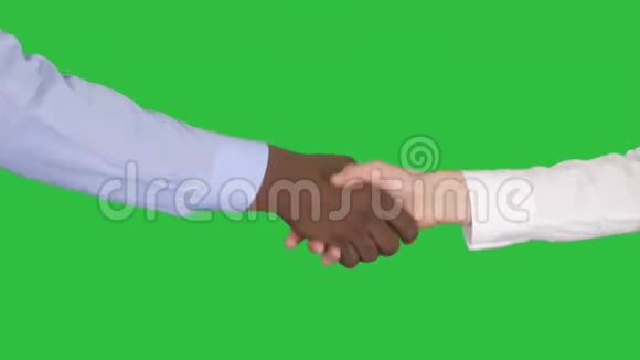 在绿色屏幕上握手非洲裔美国人和高加索女性的手Chroma键视频的预览图
