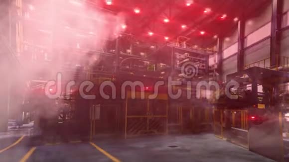 抽象工业工厂商店红灯打开和烟雾紧急情况不安全的车间视频的预览图