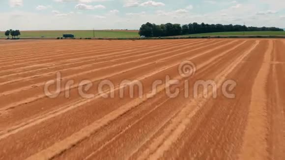 鸟瞰农作物小麦或黑麦田与干草草捆和道路收获农业农场农村空中作业4k视频的预览图