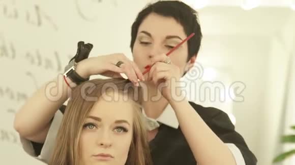 发型师在理发店给女性理发前把头发分开在美容院把女性发型贴紧视频的预览图