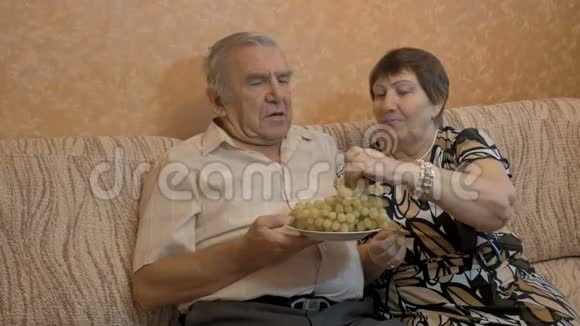 一位年老的妇女给丈夫喂葡萄他们是一对幸福的夫妇视频的预览图