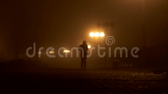 夜街的小巷在雾中照亮了人们行走的灯笼影子视频的预览图