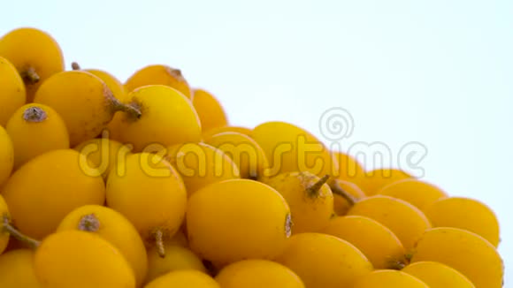 大面积拍摄橙黄色普通沙棘浆果堆的右边在隔离的转盘上旋转视频的预览图