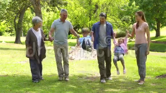 多代家庭微笑着在公园里牵手视频的预览图