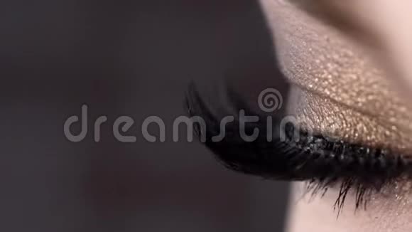 美丽的女性眼睛的特写有长长的黑色睫毛行动睫毛极长超级黑色旋上视频的预览图