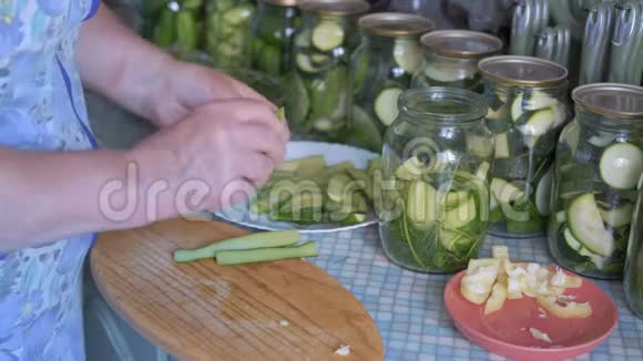 为黄瓜和白椒黄瓜腌料准备特写老妇人准备材料视频的预览图