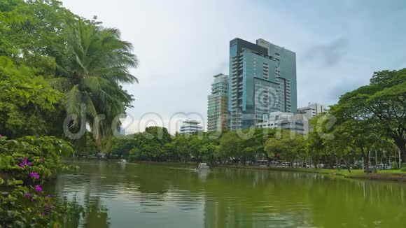 有办公室的公司建筑可以俯瞰带湖的绿色公园大城市商业中心商业中心视频的预览图