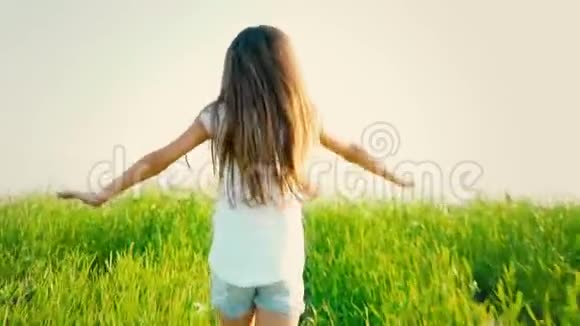 一个留着长长的长发的小女孩跑着一片绿草如茵的田野那孩子伸出双臂去迎接蓝色视频的预览图