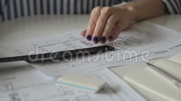 女性用铅笔和尺子在纸上画画视频的预览图
