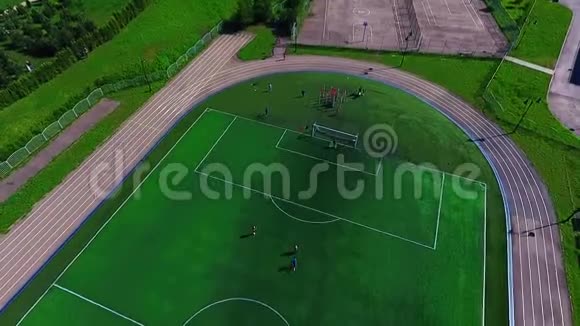 美丽的绿色足球场青少年踢足球一只鸟飞行足球场视频的预览图