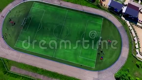 美丽的绿色足球场青少年踢足球一只鸟飞行足球场视频的预览图
