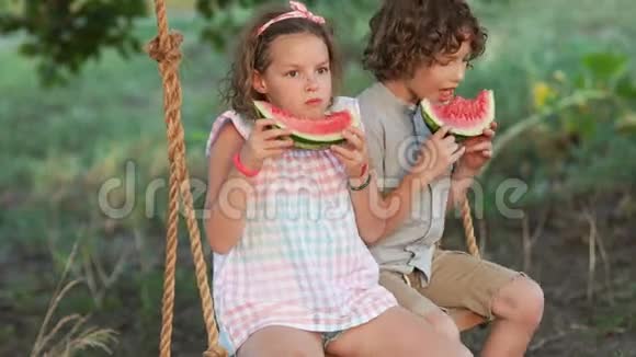 一个甜美的卷曲女孩和一个美妙的男孩吃着多汁的西瓜骑在木秋千上国家假日视频的预览图