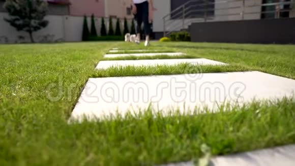 两只波美拉尼亚斯皮茨狗跑在草地上的一个宽阔的瓷砖上追着一个女孩后院背景上有房子视频的预览图