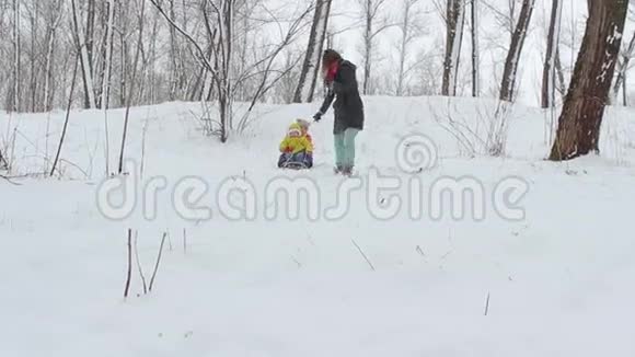 妈妈用雪橇把孩子们卷起来视频的预览图