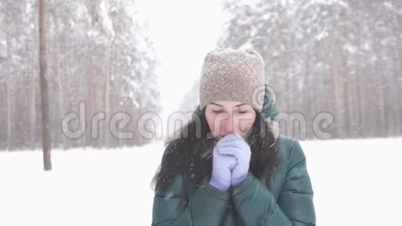 冬天森林里的布鲁内特女孩看着镜头雪视频的预览图