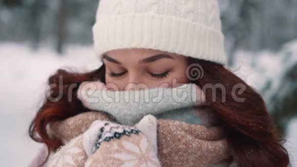 白雪皑皑的树林里女人从寒冷中遮住了她的脸视频的预览图