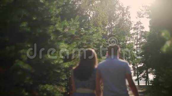 日落时分一对情侣牵着手在公园散步视频的预览图