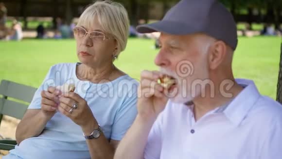 饥饿的老年人在公园里吃三明治游客在公共公园享用午餐享受夏日阳光视频的预览图