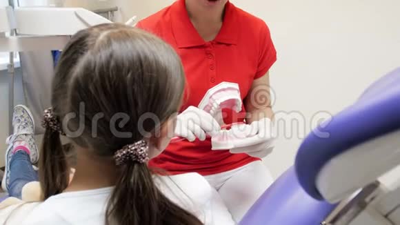 牙科医生使用塑料牙齿模型教病人使用牙刷的4k镜头视频的预览图