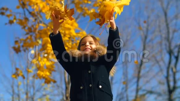 小女孩把树叶扔了视频的预览图