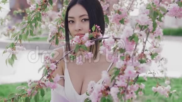 一个美丽的亚洲女孩在户外与春天的花朵树的肖像后台视频的预览图