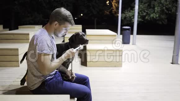 帅哥和他的狗在夜间公园的长椅上冲浪视频的预览图