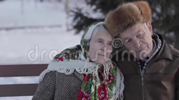 老年人坐在公园的围栏上快乐的老两口在外面度过冬天视频的预览图
