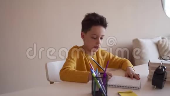 男孩做学校作业在笔记本上写圆珠笔视频的预览图