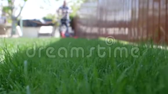 前景绿草如茵背景中有割草机的人低角度拍摄视频的预览图