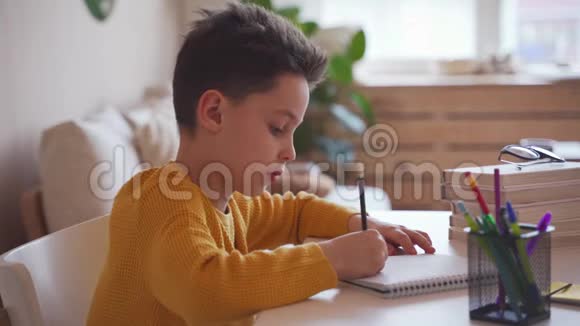 男孩做学校作业在笔记本上写圆珠笔视频的预览图