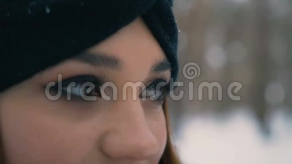 特写肖像红姜发女孩在一个雪地公园4K视频的预览图