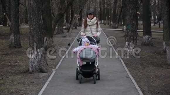 年轻的母亲带着婴儿车在春天公园散步爱和家庭观念视频的预览图
