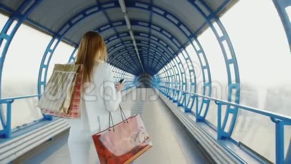 后景一个时尚的女人带着购物袋在电话里说话成功的购物理念视频的预览图