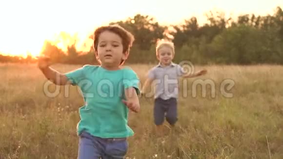 日落时两个小男孩跑过田野视频的预览图