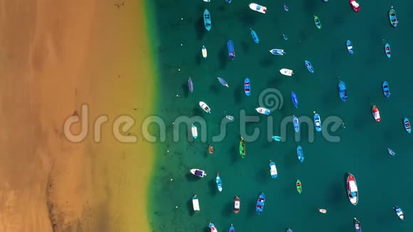 鸟瞰海滩的金色沙滩LasTeresitas和停泊在岸边的彩色船只Tenerife视频的预览图