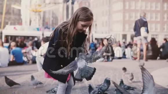 小欧洲女孩喂鸽子慢动作快乐可爱的女孩子在阳光明媚的城市广场喂鸟童年视频的预览图