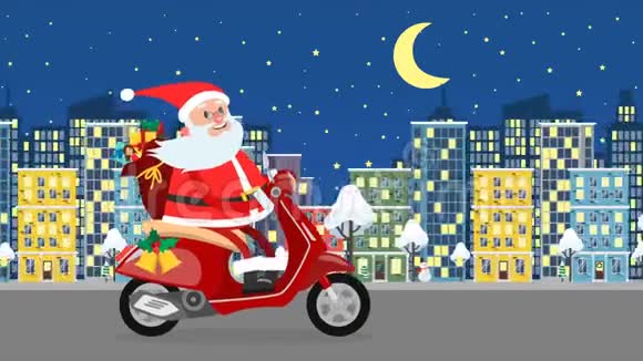 快乐的圣诞老人骑着脚踏车在夜城视频的预览图