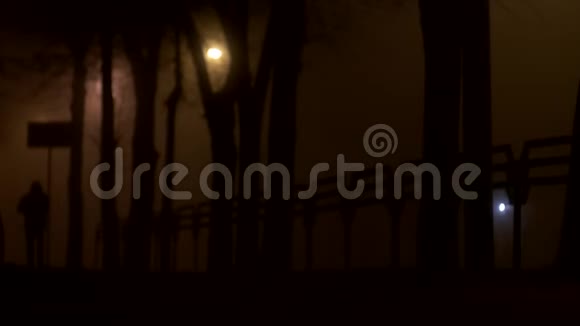 夜街的小巷在雾中照亮了人们行走吸烟的灯笼视频的预览图